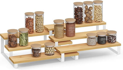 SONGMICS Display Risers, Set of 2 Engineered Wood Perfume Organizer Stand, 3-Tier Cupcake Stand Holder, Spice Rack, Shelf Risers for Figures, Dessert Shelves, Natural Beige and Cloud White UKCS016N02