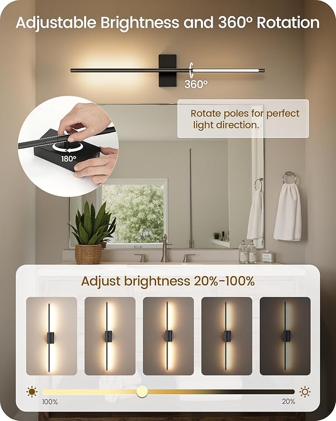 34.6" Wireless Battery Operated Wall Sconces Set of Two,Rechargeable Lamp with Remote, 360° Rotation, 10000mAh Battery, Touch Dimmable Lights for Living Room Hallway Bedroom, Black B05YBP205