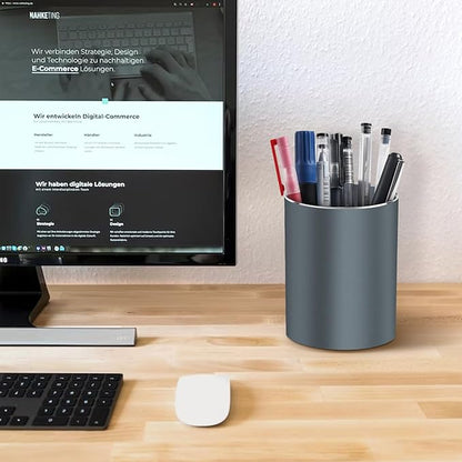 RQB Metal Pen Holder for Desk Round Aluminum Desktop Organizer and Makeup Brush Holder Storage Box for Office, School, Home, and Kids, Non-slip silicone bottom3.9×3.14inch (Grey)