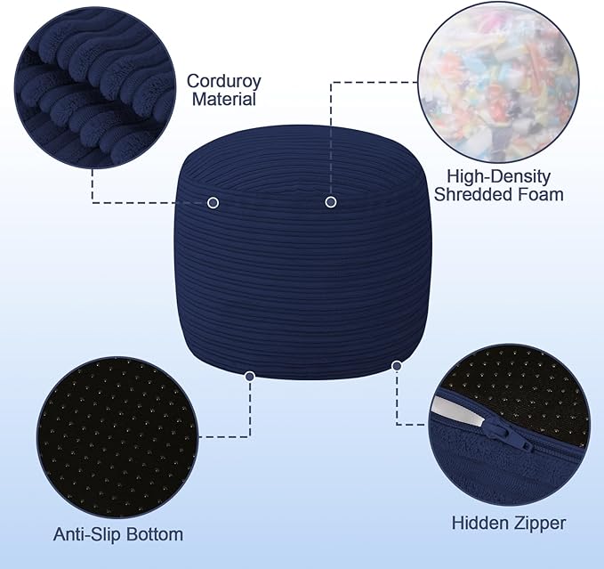 MeMoreCool Stuffed Round Pouf Ottoman Foot Rest, Soft Plush Floor Pouf Foot Stool, Corduray Footstool Footrest, Small Round Ottoman for Living Room Couch Sofa Chair, 20x15 Inch Navy