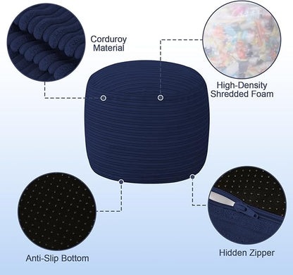 MeMoreCool Stuffed Round Pouf Ottoman Foot Rest, Soft Plush Floor Pouf Foot Stool, Corduray Footstool Footrest, Small Round Ottoman for Living Room Couch Sofa Chair, 20x15 Inch Navy