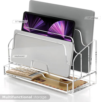 SANRUI Clear Desk Organizer Holder with Drawers, Acrylic Desktop Manila folders File Mail Sorter Box, Office Desk Accessories & Workspace Envelope Bill Letter Organization Racks, 3 Compartments