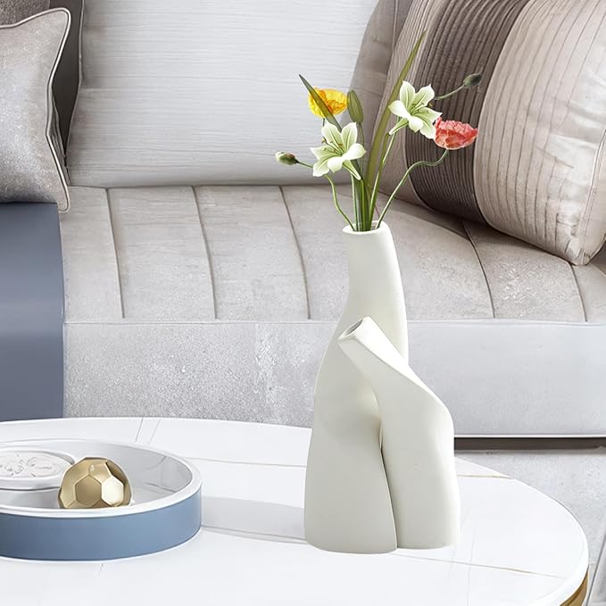 Irregular Circular Cross Ceramic Vase Set,Modern Minimalist Abstract Art Flower Vase for Home Decor,Decorative Small Bud Vase for Home Office Shelf Decor(White)