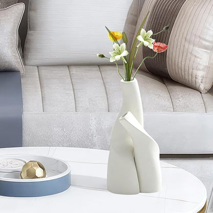 Irregular Circular Cross Ceramic Vase Set,Modern Minimalist Abstract Art Flower Vase for Home Decor,Decorative Small Bud Vase for Home Office Shelf Decor(White)