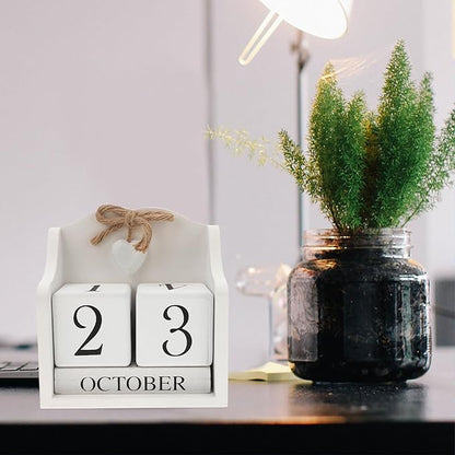 ULTNICE Wooden Perpetual Calendar Decorative Block for Home and Office Rustic European Style Date Display with White Finish Ideal Photography Prop and Desk Accessory (5.7 X 5.9 in)