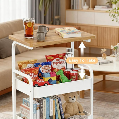 Rolling Cart with Wooden Tabletop 3-Tier Metal Utility Rolling Cart Storage Organizer with Lockable Wheels for Kitchen, Office, Bedroom