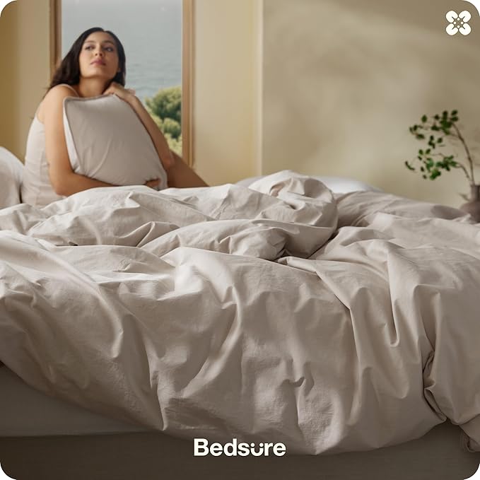 Bedsure Cotton Duvet Cover Full - Luxury Slub Weave 100% Cotton Duvet Cover with a Linen Like Textured, Easy Change Durable Bedding, Natural Linen, 80" x 90"