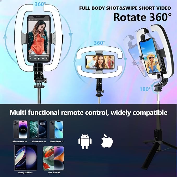 Foldable Selfie Light with Stand,54" Extendable Phone Holder Selfie Stick with Dimmable LED Lights and Remote,Ring Light Tripod for Video Recording/Live Stream/Makeup/Photography/YouTube/TikTok