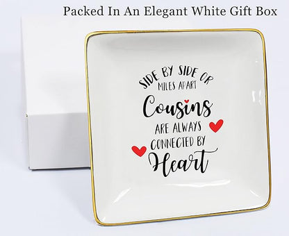 Birthday,Graduation,Wedding,Long Distance,Going Away,Christmas Gift for Cousin-Jewelry Holder Gift for Cousin-Ring Dish-Trinket Tray Present-Side by or Miles Apart Cousins Are Always Connected Heart