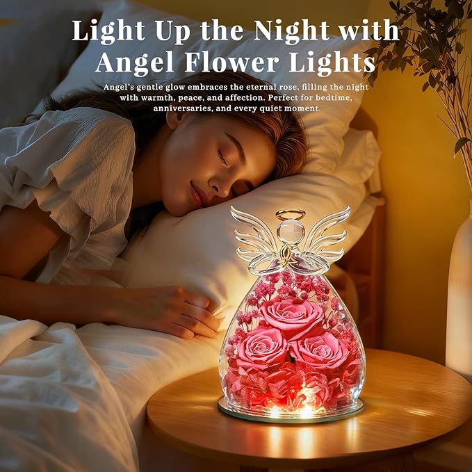 Beferr Valentines Day Rose Gifts for Her Women Mom Gifts for Birthday, Fresh Flowers for Delivery Prime Forever Preserved Rose in Glass Angel Figurine, for Grandma Wife Kids Daughter