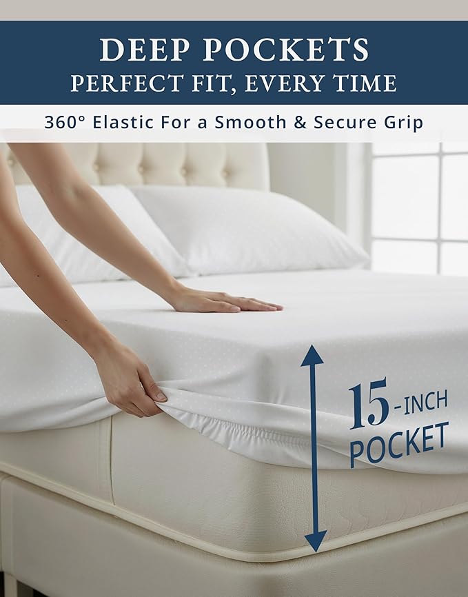 100% Egyptian Cotton Sheet Set Queen Size – Silky Sateen Weave Queen Sheet Set for Winter Sleep Comfort, 15" Snug Fit Deep Pocket, Breathable Hotel-Quality Soft Luxury You Can Feel - Swiss Dot White