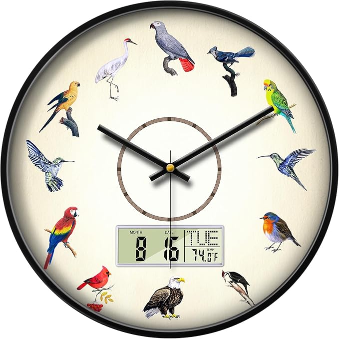 Silent Modern Digital Clock with Week and Date Temperature Funny Birds Large Display Clock Battery Operated LCD Wall Clocks Non-Ticking Clocks for Bathroom Kitchen Living Room Decor 14 Inch