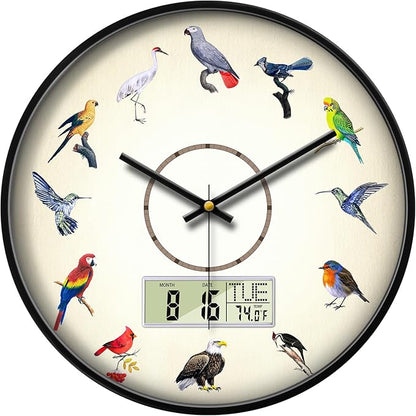 Silent Modern Digital Clock with Week and Date Temperature Funny Birds Large Display Clock Battery Operated LCD Wall Clocks Non-Ticking Clocks for Bathroom Kitchen Living Room Decor 14 Inch