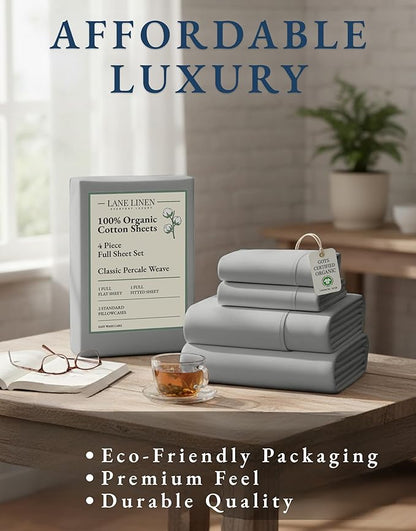 LANE LINEN 100% Organic Cotton Eco Friendly Full Size Sheet & Pillowcase Sets, 15" Deep Pocket Fully Elasticized Soft & Comfy Percale Bedding, Naturally Temperature Regulating Sheets Full- Silver
