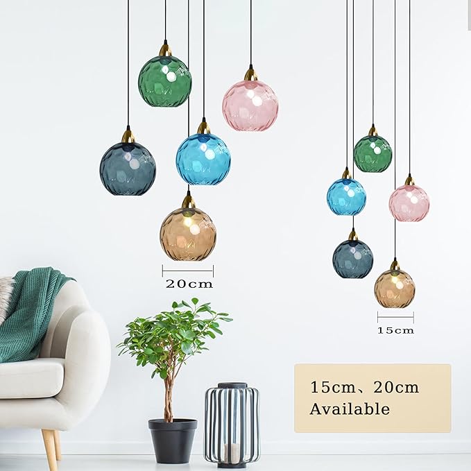 20cm/7.9’’ Industrial Vintage Spherical Glass Pendant Light, E26 Ceiling Hanging Lamp, Gold Finish & Ripple Glass Globe Shade, Dining Room Bedroom Chandelier (Dark Blue)