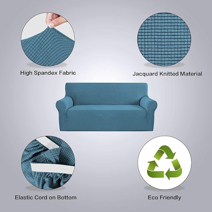 H.VERSAILTEX Stretch Couch Covers for Sofa 1 Piece Slipcovers for Couch and Sofas 3 Seater Couch Cover Feature Thick Checked Jacquard Fabric with Elastic Bottom(Large Sofa 90"-100" Wide, Dusty Blue)