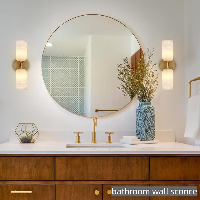 Alabaster Wall Sconces Set of 2, 14in Modern Spanish Natural Marble Vanity Light, Dimmable Hardwired Brass Gold Wall Sconce Lighting for Bathroom Mirror, Bedroom, Luxury Natural Stone Wall Fixtures
