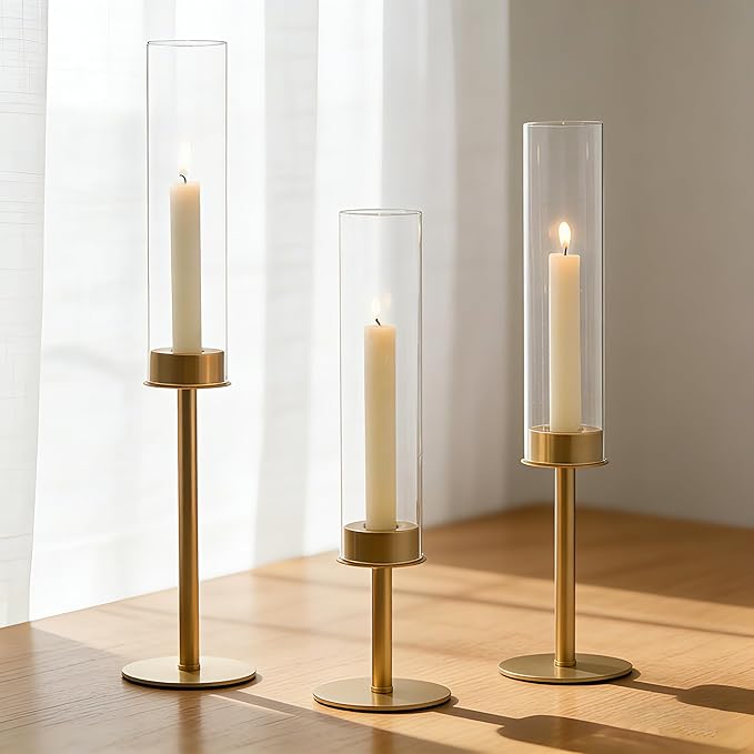 Hewory Gold Candle Holders, 3Pcs Brass Candle Stick Candelabra with Glass Candle Cover for Wedding Table Centerpiece Christmas Decor