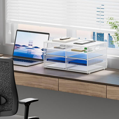 Lavatino 8 Compartments Paper Organizer for Desk, Mesh Literature Organizer, Mail File Sorter Tray with Handle, Desktop Mailbox for Office Classroom Home, White