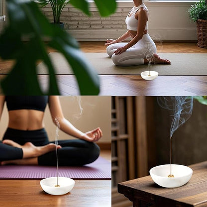 Koville Natural Marble Incense Holder, Incense Holder for Sticks with 9 Holes, Handmade Incense Burner Ash Catcher for Meditation Yoga SPA, Balsam Fir/Palo Santo/Sage/Cone (White)