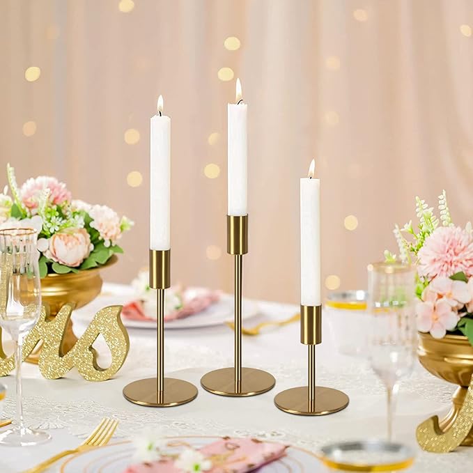 Brass Taper Candle Holders - Set of 3 Antique Brass Finish Candlestick Holder, Modern Rustic Metal Candlestick Holder for Wedding, Dining Table, Party Centerpiece