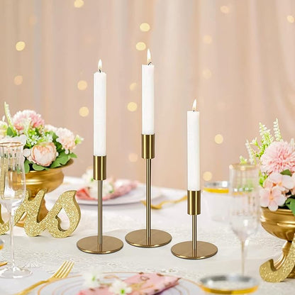 Brass Taper Candle Holders - Set of 3 Antique Brass Finish Candlestick Holder, Modern Rustic Metal Candlestick Holder for Wedding, Dining Table, Party Centerpiece