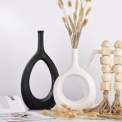 Black White Ceramic Vase Set 2,Modern Hollow Circle with Hole Flower Vase for Home Decor,for Table Centerpieces,Farmhouse,Fire Place,Living Room,Bedroom,Office,Bookshelf,Rustic Decor