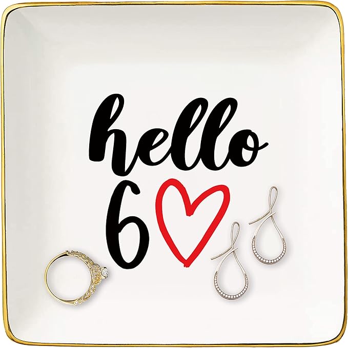 Hello 60 - Ceramic Jewelry Holder Ring Dish Trinket Tray - Funny 60th Birthday Gifts for Women Boss,Wife,Sisters,Bestie,Best Friends,Co-workers - Turning Sixty Present - 60 Years Old Gift