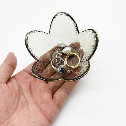 Flower Ring Dish Jewelry Tray, Glass Jewelry Dish Tray, Cute Room Decor Small Trinket Dish, Nightstand Jewlery Ring Holder, Bathroom Jewlery Plate Bowl for Earring Gift for Women (Smoky Black)