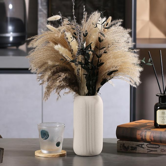 Bohemian Beige Ceramic Vase - for Pampas Grass, Mantel, Bookshelf, Entryway and Living Room Decor (Beige, 8in-Pill)