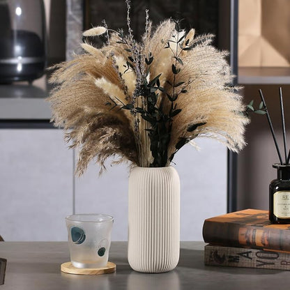Bohemian Beige Ceramic Vase - for Pampas Grass, Mantel, Bookshelf, Entryway and Living Room Decor (Beige, 8in-Pill)