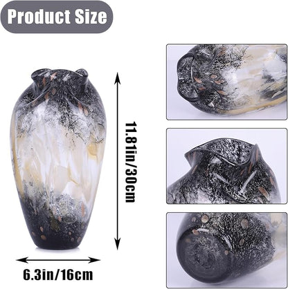 Abstract Art Hand Blown Glass Vase, Black Smoke Glass Vase for Flowers, Elegant Wide Mouth Glass Vase for Centerpieces, Vintage Glass Farmhouse Vase, Unique Modern Vase Decor for Home