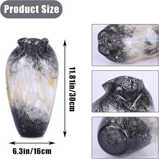 Abstract Art Hand Blown Glass Vase, Black Smoke Glass Vase for Flowers, Elegant Wide Mouth Glass Vase for Centerpieces, Vintage Glass Farmhouse Vase, Unique Modern Vase Decor for Home