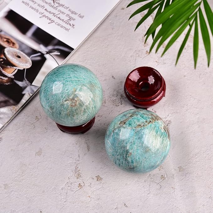 JIC Gem Amazonite Crystal Ball Sphere with Wood Stand Blue Gemstone Sphere Healing Crystal Balls for Reiki Chakra Decoration Fengshui (90-100mm)