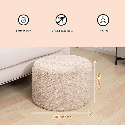 Round Pouf Ottoman Stuffed 20 x 20 x 14 Inches Boho Poof Foot Stool Home Decor Floor Pouffe Ottoman Foot Rest for Couch Sofa Bean Bag Chairs Living Room Bedroom (Light Coffee)