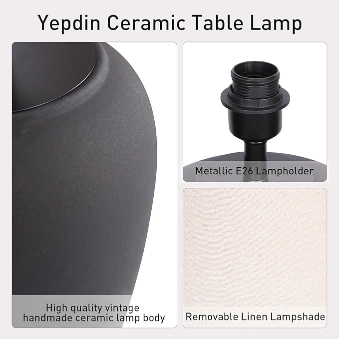Ceramic Pot Table Lamp 21.25 inch Compact Frosted Nightstand Lamp, Tapered Fabric Shade Bedside, Ceramic Decorative for Living Room Bedroom House Office Entryway, TL3