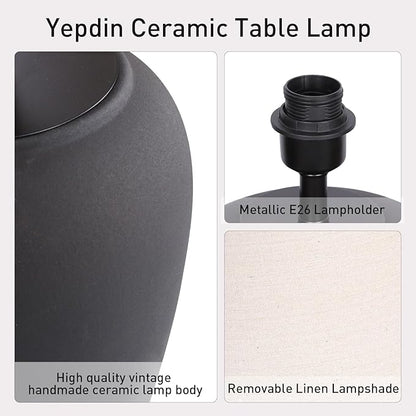 Ceramic Pot Table Lamp 21.25 inch Compact Frosted Nightstand Lamp, Tapered Fabric Shade Bedside, Ceramic Decorative for Living Room Bedroom House Office Entryway, TL3