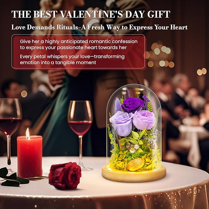Forever Flowers Preserved Roses Prime Delivery For Women, Glass Dome Light Up Preserved Flowers , Christmas Anniversary Thanksgiving Gifts For Wife Girlfriend Women Best Friend Grandma(Purple)