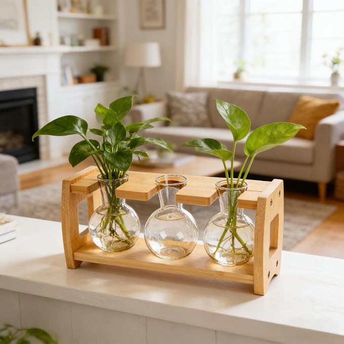 2 Pack Propagation Stations with Bamboo Stand, 8 Bulbs Desktop Water Plant Terrarium Vase, Retro Plant Propagation Jars for Indoor Plants, Glass Planter Gifts for Home Office Table Decor