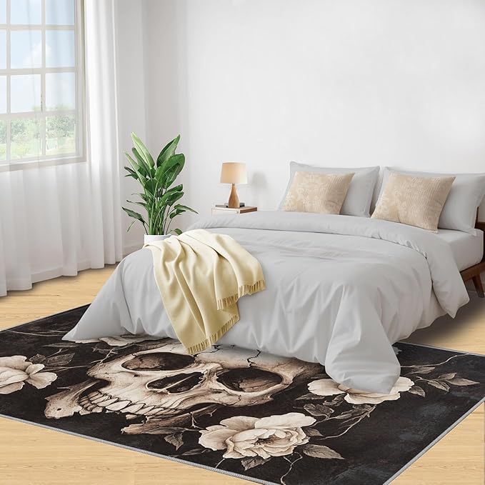 Skull Washable Rugs 5x8 Rug for Living Room, Floral 5x8 Rug Gothic Low-Pile Carpet for Bedroom Dining Non Slip Mat with Rubber Back