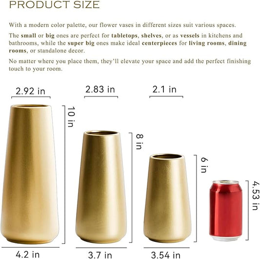 Light Gold Vase - 10" Gold Ceramic Flower vase for Home/Table/Accent Decor, Minimalist Modern Vases Ceramic for Centerpieces, Room Decor, Living Room, Bedroom or Gift