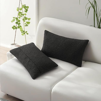 HAUSSY Set of 2 12x20 Decorative Throw Pillow Covers, Soft Cozy Textured Boucle Lumbar Pillow Cases, Home Decor for Couch Bed Living Room, Black