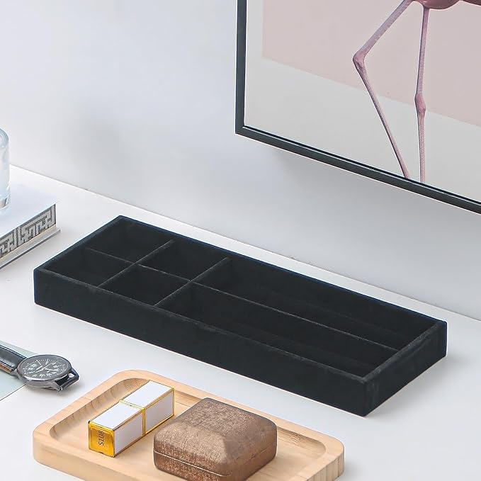 2Pcs Desk Drawer Storage Tray, Nightstand Organizer Tray, Necklace Bracelet Ring Earring Jewelry Display Tray, Grid Table Organizer Holder Tray for Sunglass, Phone, Watch, Perfume (6 grid)/Black