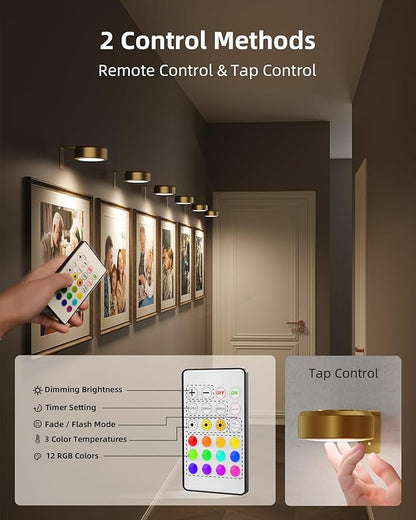 EZVALO Picture Lights for Wall, Rechargeable Battery Magnetic Poster Lights with 3 Color Temps & 12 RGB, Remote Dimmable Timer Light, Wall Decor Light for Art Display (6 Pack with Charging Station)