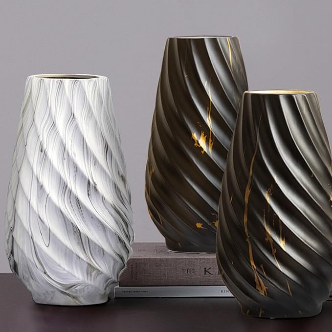 10 inch Tall Ribbed Ceramic Vase for Flowers,Boho Vases for Pampas Grass,Fluted vase,Simple Modern Decorative Vase for Home Decor Table Centerpieces (Black,Gold Marble)