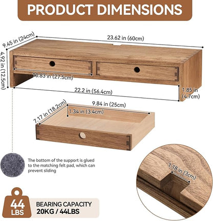 KIRIGEN Wood Monitor Stand with 2 Drawers - Computer Arm Riser Desk Storage Organizer,Speaker TV Laptop Printer Stand with Pen Slot and Cable Management,Dark Brown Desktop Shelf for Office DBR-2PMJ