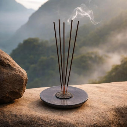 Handmade Natural Grey Marble Incense Stick Holder - Round Incense Burner With Multiple Holes For Incense Sticks. Decorative Ash Catcher For Home and Office Decor. (4 inch Diameter, Grey)