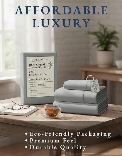 LANE LINEN Twin XL Bed Sheets Set - 100% Mercerized Organic Cotton Twin XL Sheets Set, Soft & Comfy Percale Weave, Machine wash Low Pilling Fade Resistant Luxury Hotel Style Twin XL Sheet Set - Silver