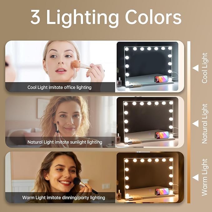 Hollywood Vanity Mirror with Lights, 23"x18" Lighted Makeup Mirror with 10x Magnification for Desk/Wall Mount, 15 Led Bulbs, 3 Lighting Modes for College Dorm, Bedroom, Dressing Room (White)