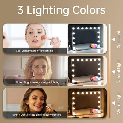 Hollywood Vanity Mirror with Lights, 23"x18" Lighted Makeup Mirror with 10x Magnification for Desk/Wall Mount, 15 Led Bulbs, 3 Lighting Modes for College Dorm, Bedroom, Dressing Room (White)